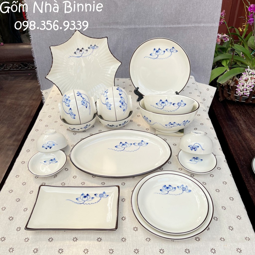 Bộ bát đĩa sứ Bát Tràng - Hoạ tiết hoa sen - Set gia đình 4 người