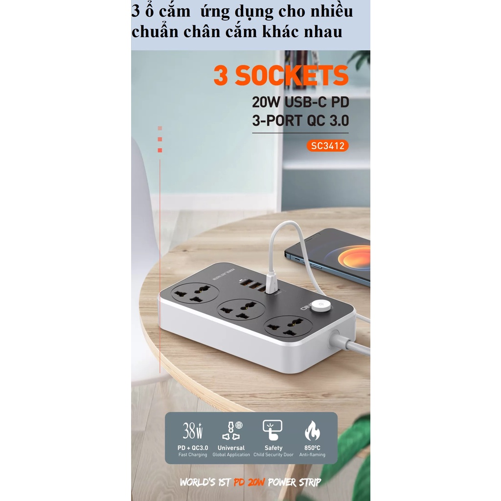 Ổ cắm đa năng 2500W hỗ trợ 3 cổng USB QC18W và PD20W LDNIO SC3412