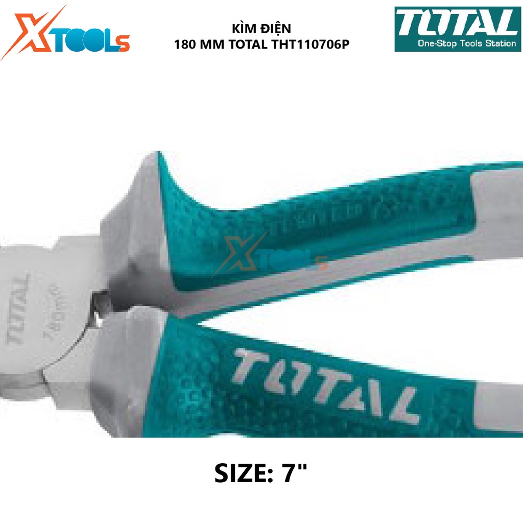 Kìm điện TOTAL THT110706P | kềm răng Kích thước 7''/180mm, CR-V, Chất liệu PP + TPR, Trọng lượng 0,2 kg bấm, cắt, tuốt (