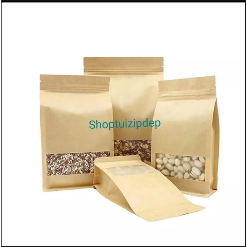 1Kg túi zip giấy kraft màu nâu vàng 8 cạnh, cửa sổ tràn, Cán Màng, chống thấm tốt, hàng loại đẹp