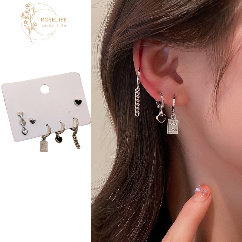Bộ 4 / 6 Khuyên Tai Tua Rua Hình Trái Tim / Gấu Màu Đen Ngọt Ngào Cho Nữ