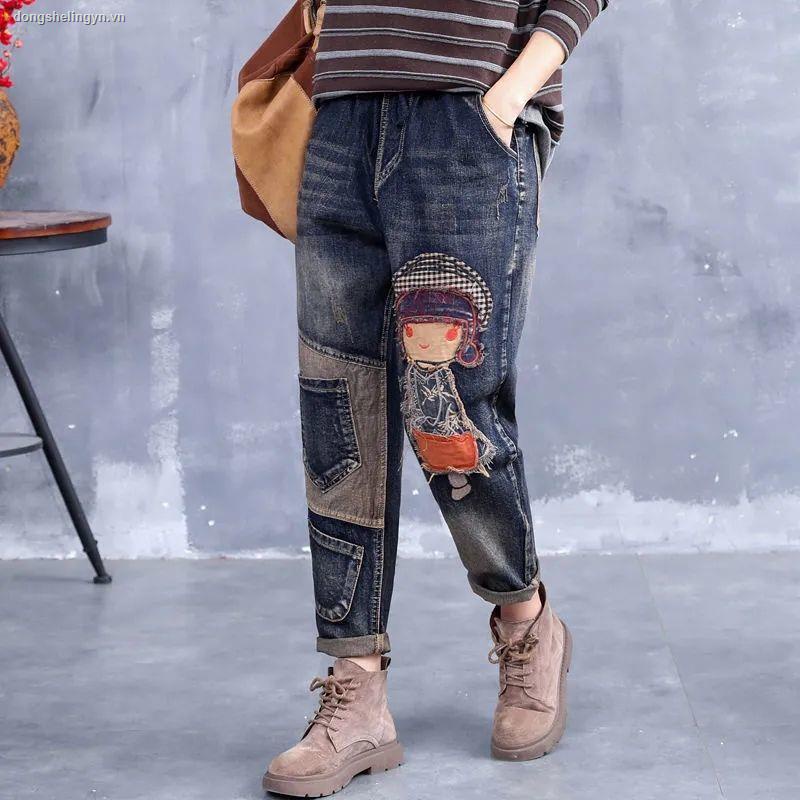 Quần jean lưng thun dáng rộng thêu họa tiết cổ điển thời trang mùa xuân xinh xắn dành cho nữ