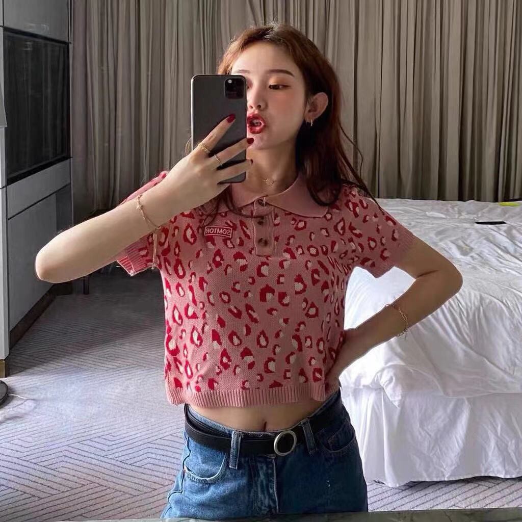 Áo Polo Ngắn Tay Họa Tiết Da Báo Cá Tính Theo Phong Cách Hàn Quốc Jisoo blackpink