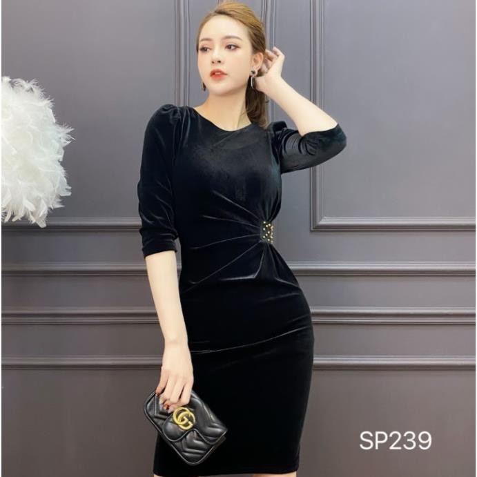 ADIOS Váy nhung ôm cổ tròn eo đính ngọc, váy nhung nữ body thời thượng - SP239 | BigBuy360 - bigbuy360.vn
