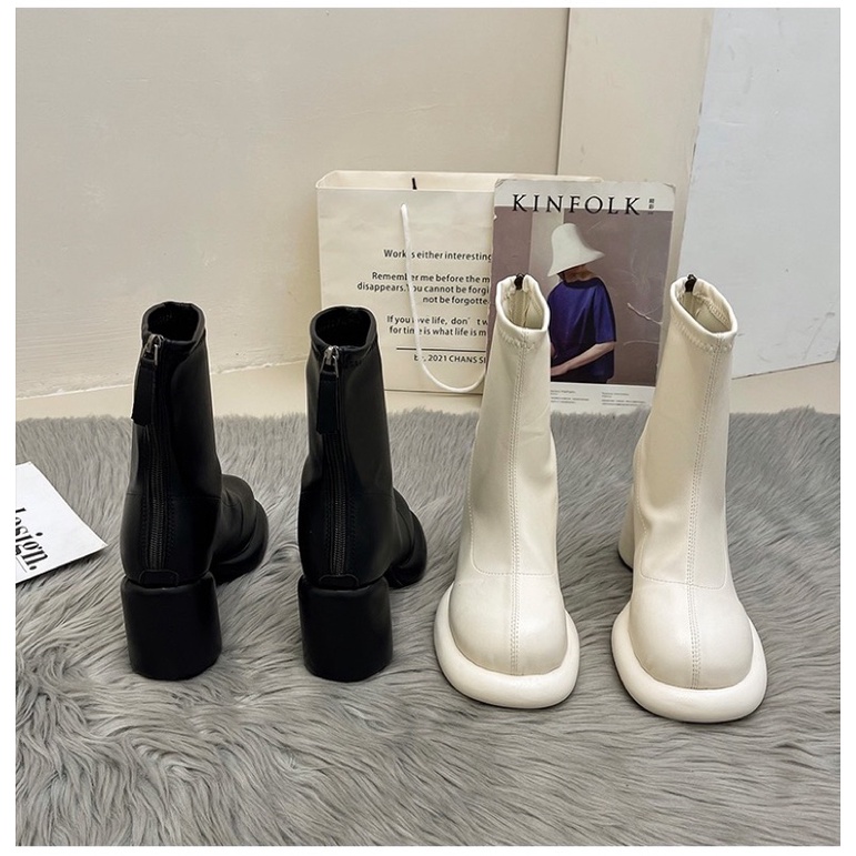 Boots da nữ cổ ngắn ôm chân gót trụ cao 7cm có khoá kéo