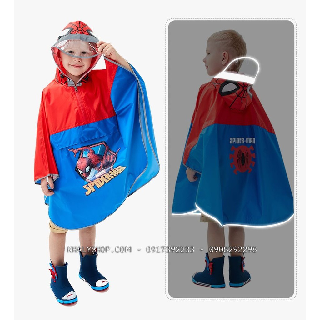 Áo mưa cánh dơi vải dù cao cấp hình người nhện Spiderman màu xanh đỏ cho bé trai còn size (S,M,L,XL) - 140P4NVF18011S