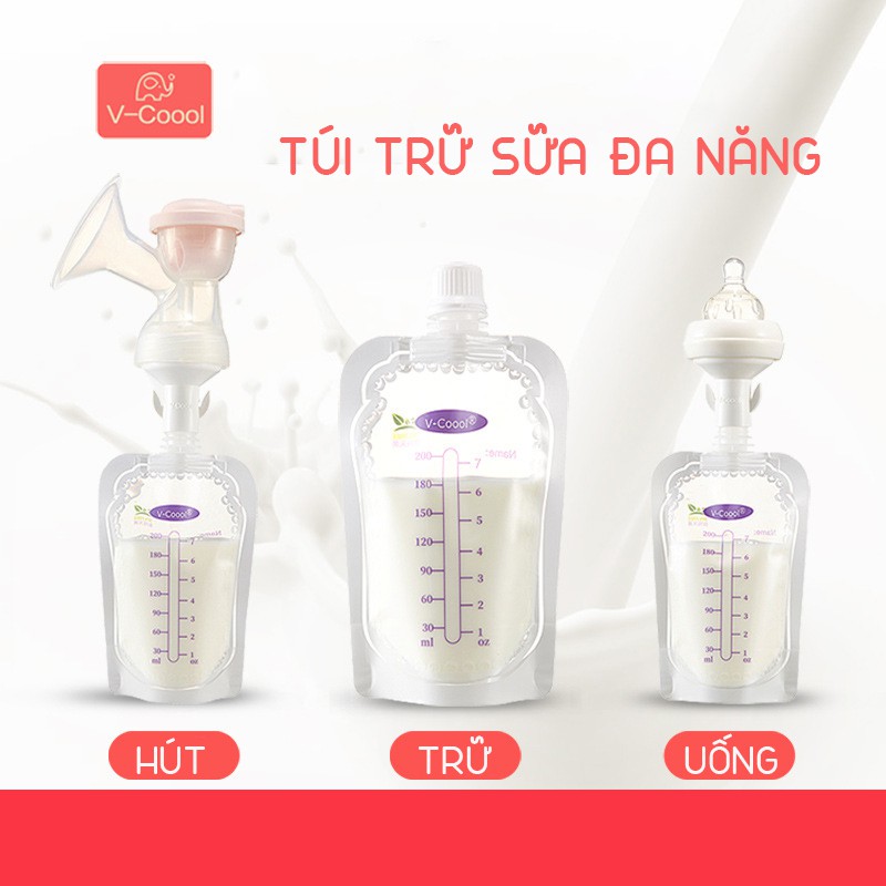 Túi trữ sữa 200ml hộp 20 chiếc V-Coool đựng và bảo quản sữa mẹ Tặng kèm bút và miếng dán ghi chú