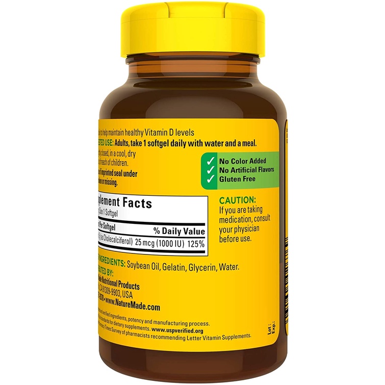 Viên uống bổ sung Vitamin D3 Nature Made D3 1000 IU 300 viên DATE 2025