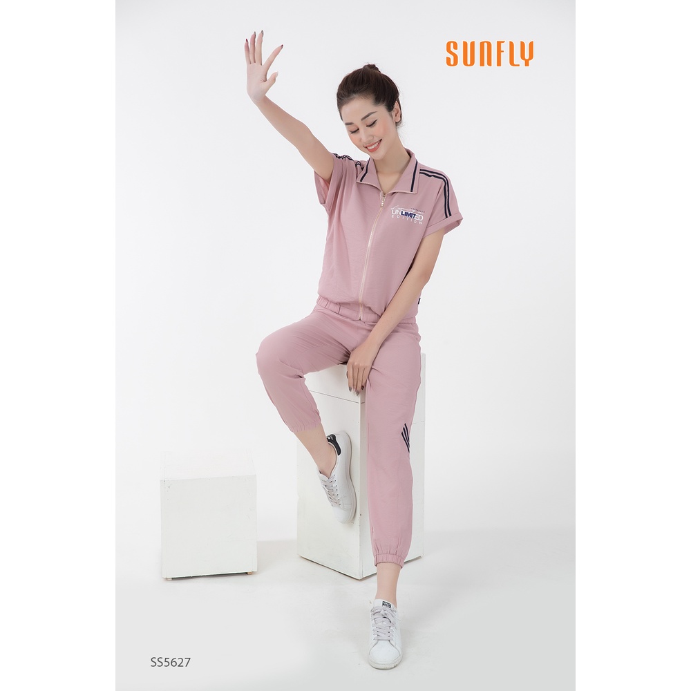 Bộ đồ mặc nhà nữ thể thao đũi SUNFLY áo cộc tay kéo khóa áo cộc tay, quần dài SS5627
