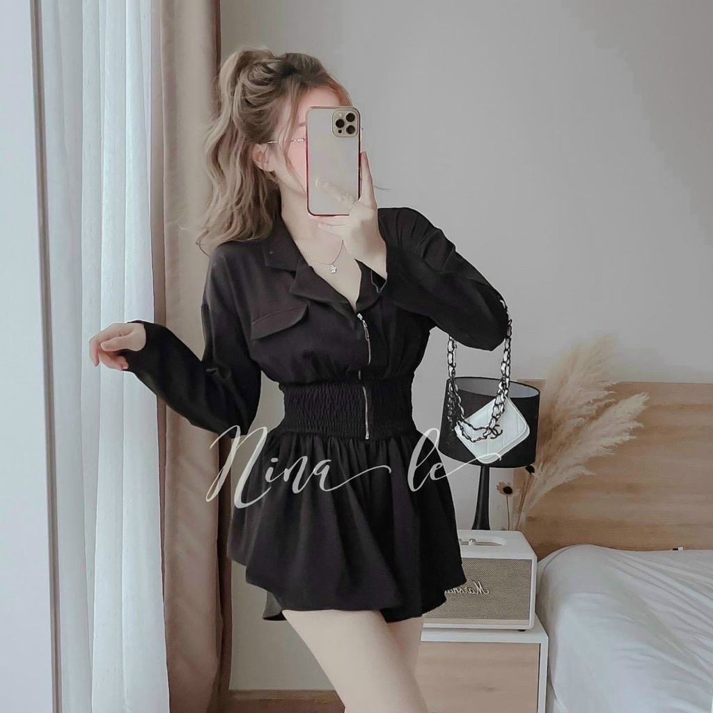 Sét bộ thời trang nữ mặc đi chơi chất tuyết mưa áo cổ sơmi tay dài khoá đồng ôm eo mix quần đùi trẻ trung