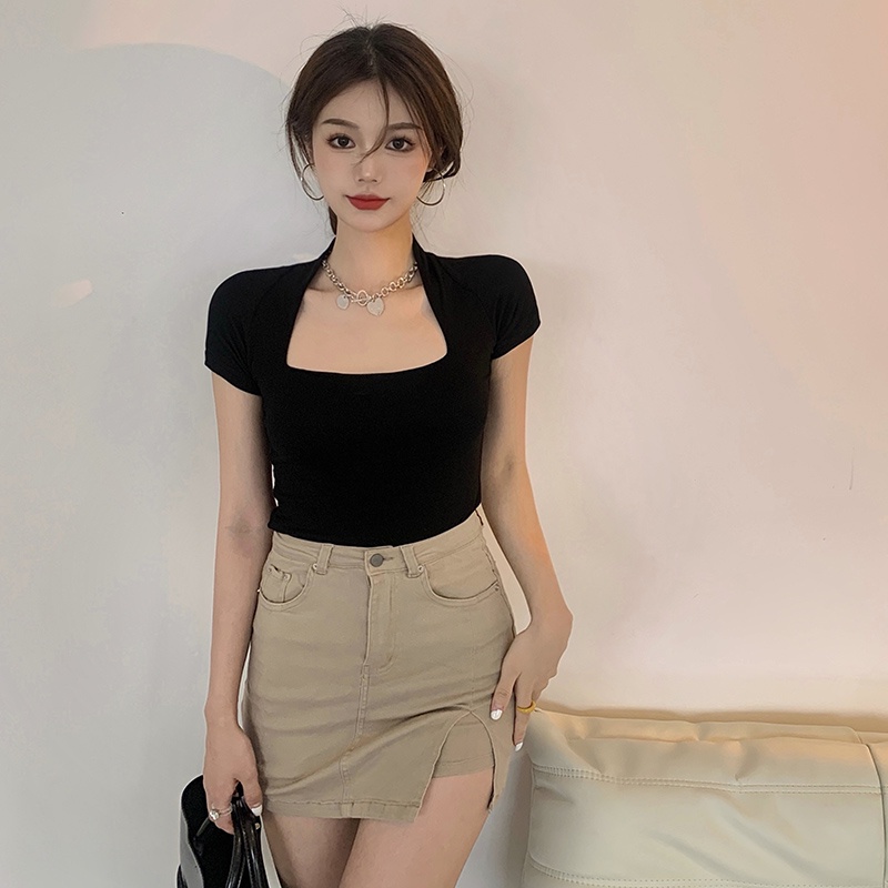 IELGY Áo Thun Ngắn Tay Ôm Dáng + Áo Ngắn Tay Phong Cách Retro Thời Trang Mùa Hè Cho Nữ