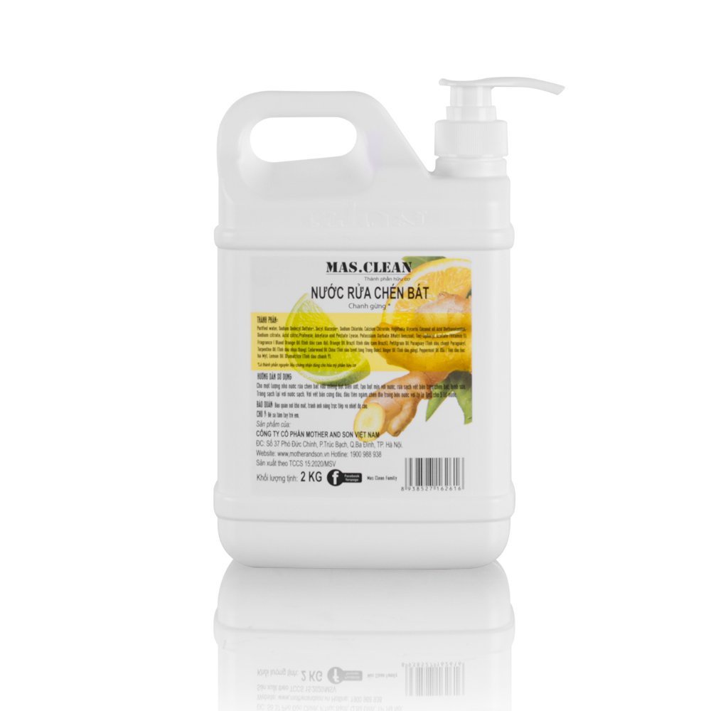 Nước rửa chén hữu cơ Mas.Clean Chanh Gừng sạch nhanh dầu mỡ và kháng khuẩn tự nhiên - can 1.8L
