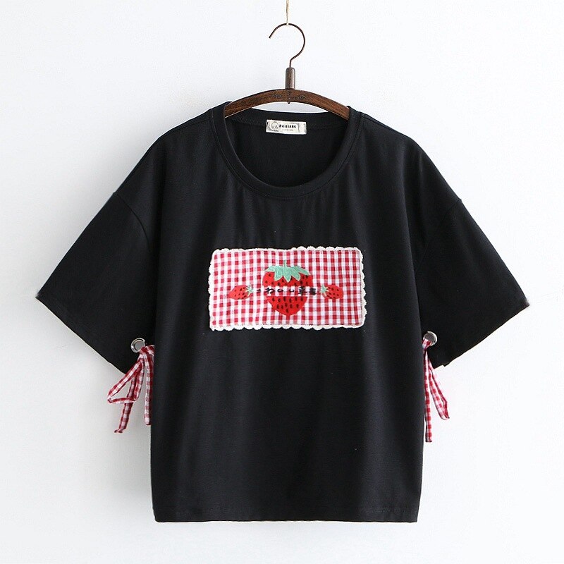 Áo Thun Cotton Tay Ngắn Cổ Tròn Thêu Hình Quả Dâu Thời Trang Mùa Hè Cho Nữ | BigBuy360 - bigbuy360.vn