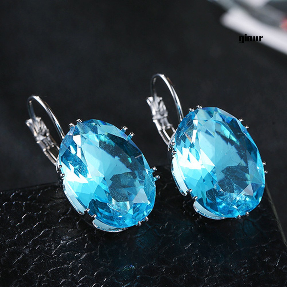 Hoa Tai Dáng Dài Mặt Hình Oval Đính Đá Nhân Tạo Thời Trang