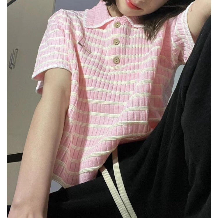 Áo kiểu polo NZN dệt kim tay ngắn dáng rộng họa tiết kẻ sọc thời trang mùa hè đơn giản dành cho nữ