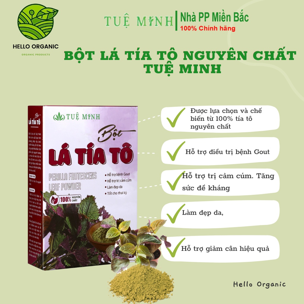 Bột Tía Tô Sấy Lạnh Nguyên Chất 100% Organic Tuệ Minh, Đắp Mặt Làm Đẹp Da, Tốt Cho Bệnh Gout (Hộp 50g) - Hello Organic