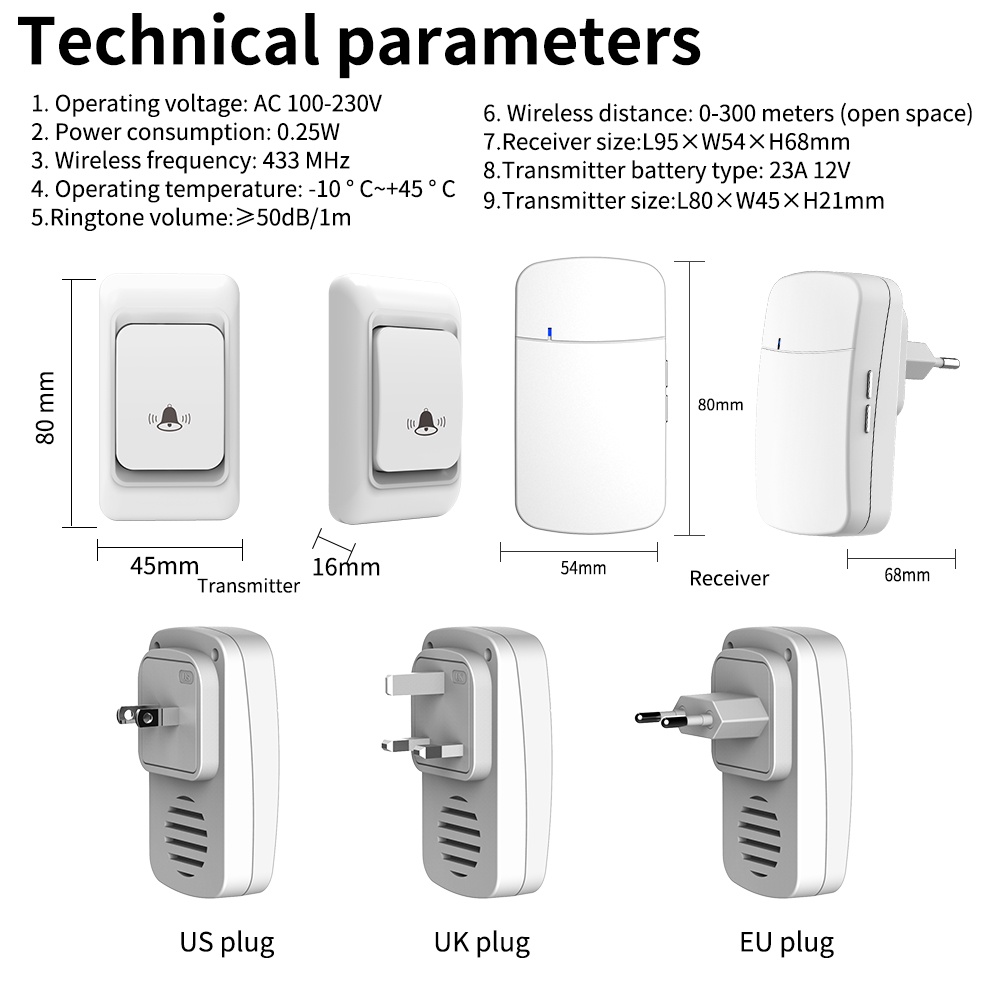 Doorbell Chuông cửa không dây dân dụng chuông cửa 300m phạm vi 38 chuông us plug