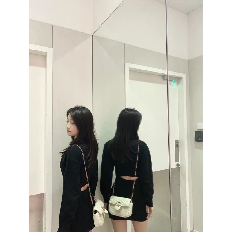 Váy đầm len ôm body tay phồng dài hở eo lưng sexy quyến rũ ulzzang 2023