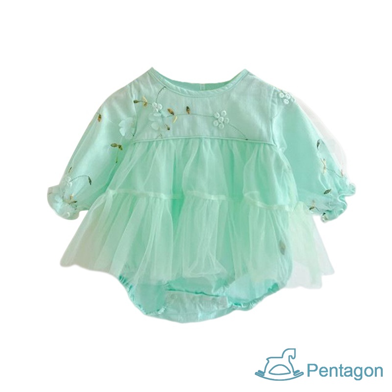 Áo Liền Quần Tam Giác Tay Dài Vải Lưới Mềm Thêu Họa Tiết Thổ Cẩm Dễ Thương Cho Bé Gái Sơ Sinh