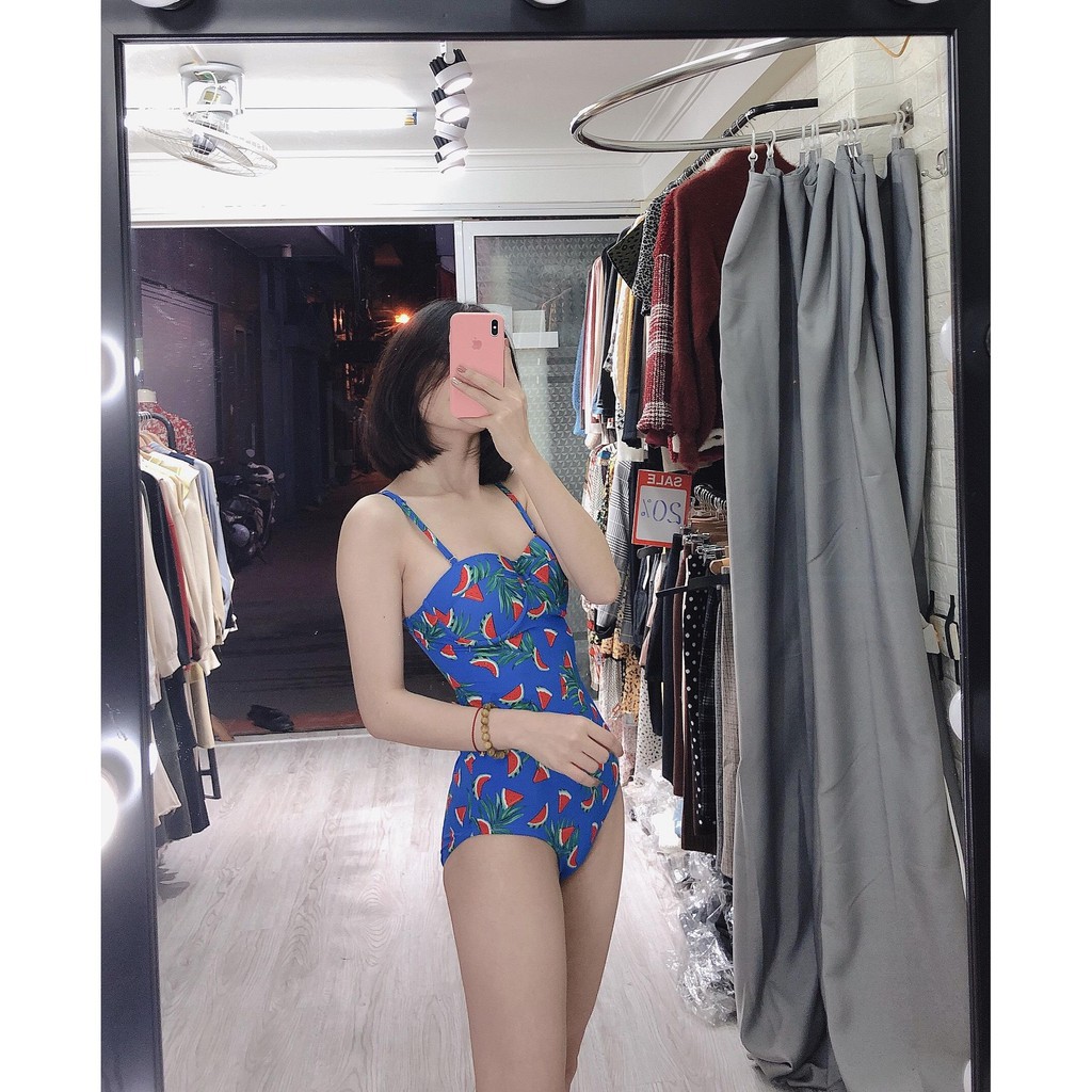 Bikini liền gọng cúp ngực đan lưng nền xanh dưa hấu đỏ