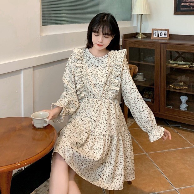 Váy hoa nhí viền bèo chun eo bo tay