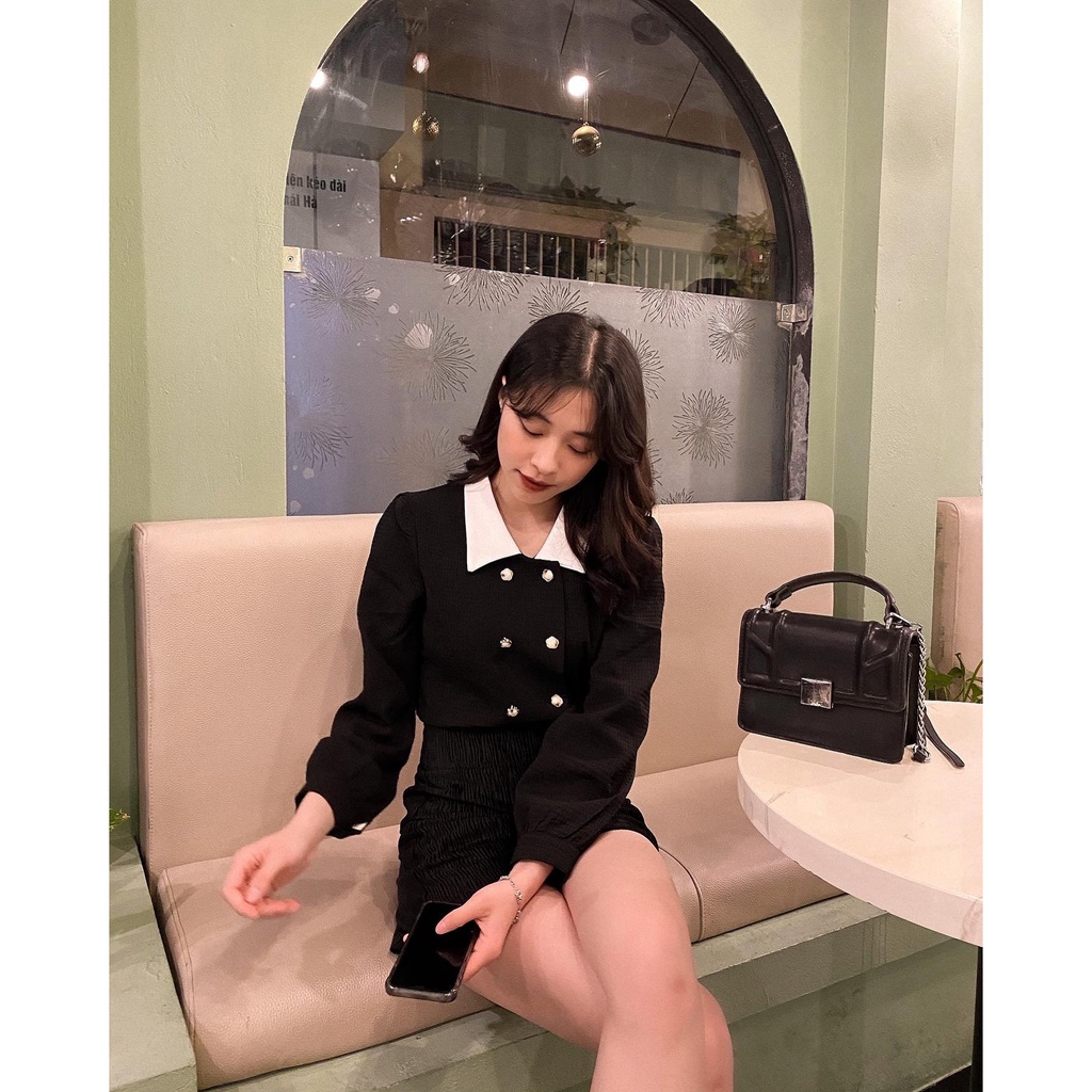 Áo khoác đũi xốp dáng ngắn cổ pha màu A2186 SUSTORE