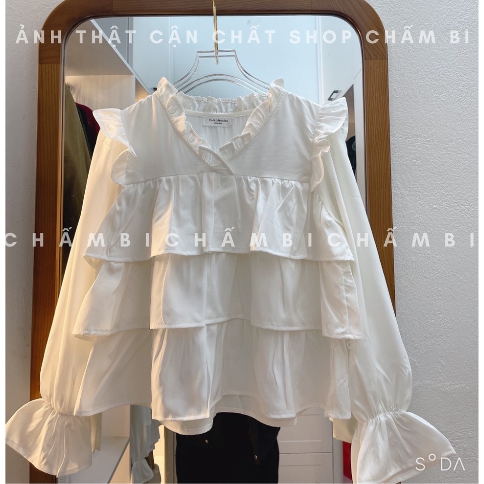 Áo kiểu nữ bánh bèo A.290, Áo sơ mi babydoll dài tay 3 tầng bèo xòe tay bo bèo nhẹ cổ tim cách điệu ngọt ngào cực xinh