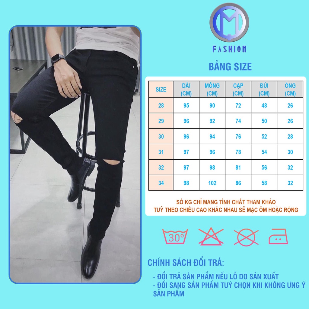 Quần jean nam rách gối co giãn ống côn cao cấp đen trắng M Fashion JN02
