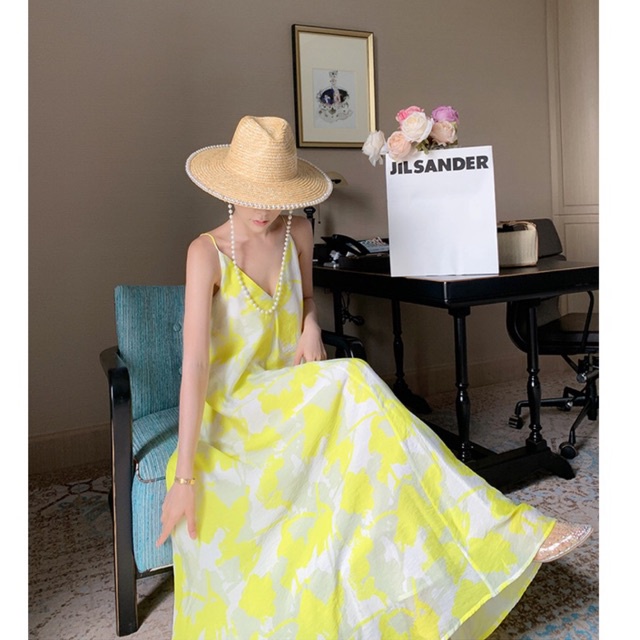 VÁY ĐẦM MAXI 2 DÂY HOA VÀNG TƯƠI MÁT