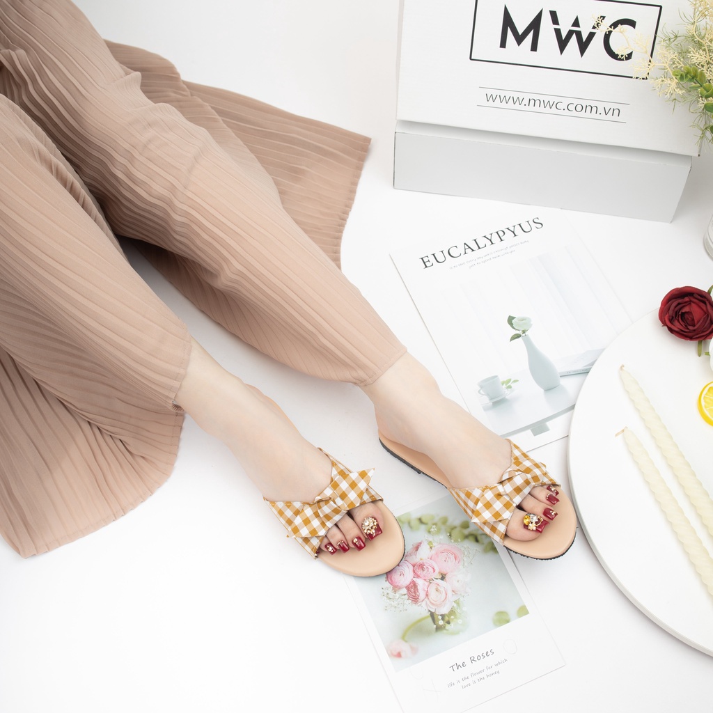 Dép MWC 3236 - Dép Nữ Đế Bệt, Dép Quai Ngang Mũi Tròn, Dép Quai Caro Thắt Nơ Nữ Tính, Hot Trend