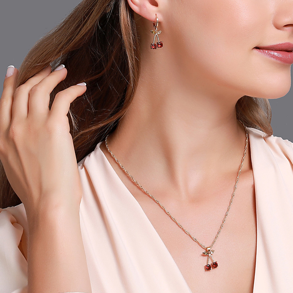 Bộ vòng cổ + Bông Tai Hình Quả Cherry Đính Đá Ruby Nhân Tạo Dành Cho Nữ