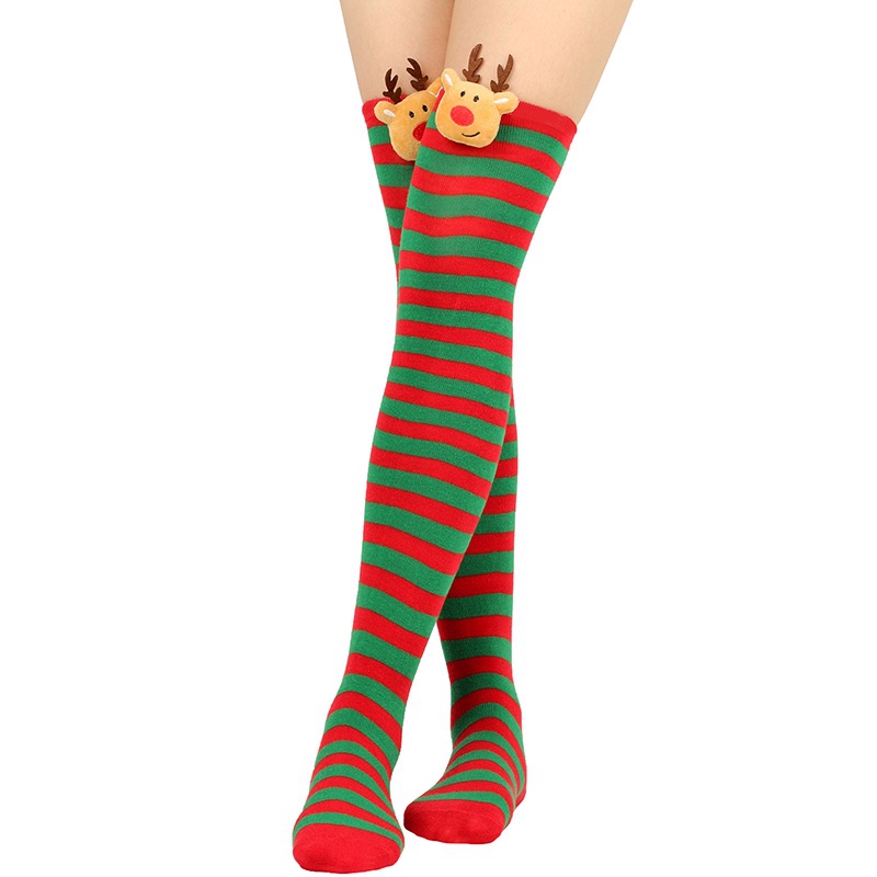 Vớ Dài Qua Gối Họa Tiết Kẻ Sọc In Hình Tuần Lộc Giáng Sinh Dễ Thương Cỡ Lớn Cho Nữ