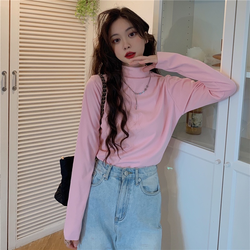 Áo thun tay dài cổ cao thời trang Hàn Quốc dành cho nữ