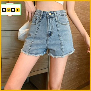 Quần đùi jean nữ cạp cao đẹp thời trang cao cấp GURI Quần short jeans nữ màu xanh phong cách Hàn Mã QDJ 01