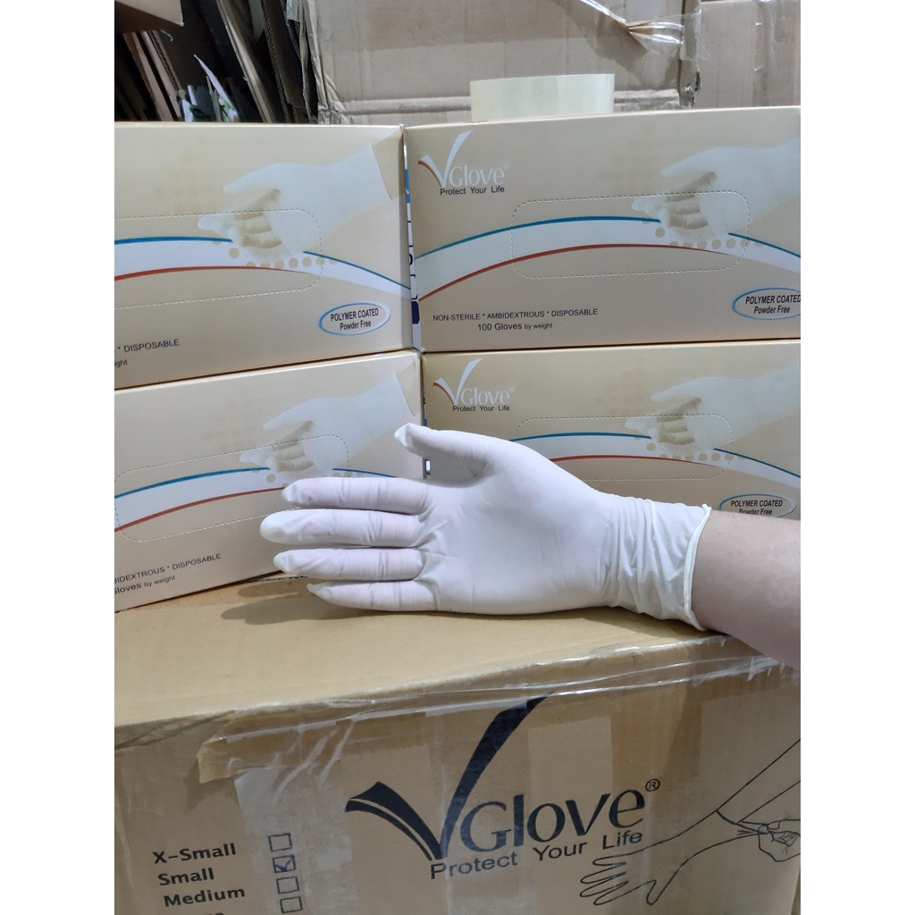 1 thùng 10 hộp Găng tay y tế không bột Vglove Khải Hoàn phủ Polymer 5.4g 24cm - 100 cái/hộp - hộp/50 đôi , XS,S,M,L