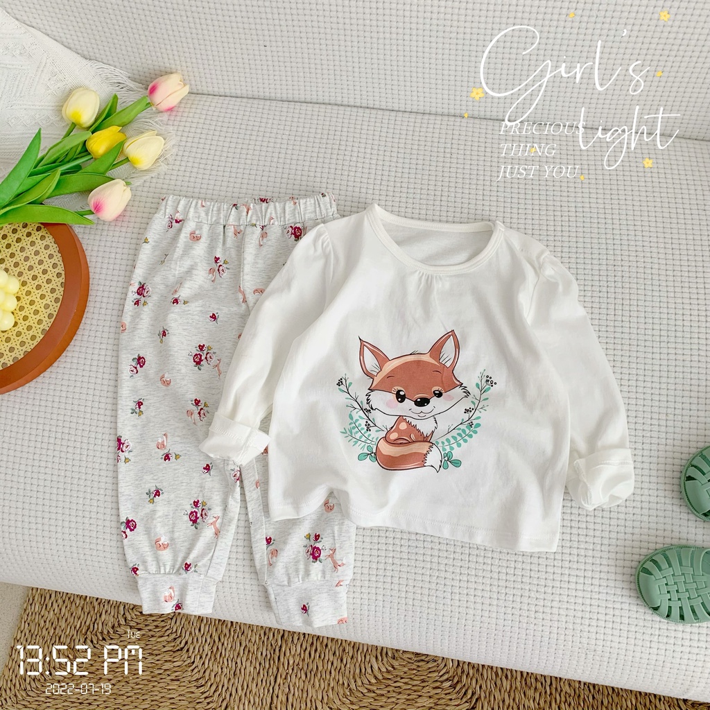 Bộ bé gái thu đông dài tay hoạ tiết xinh xắn cho bé, bộ cotton tay dài mềm, thoải mái bé gái