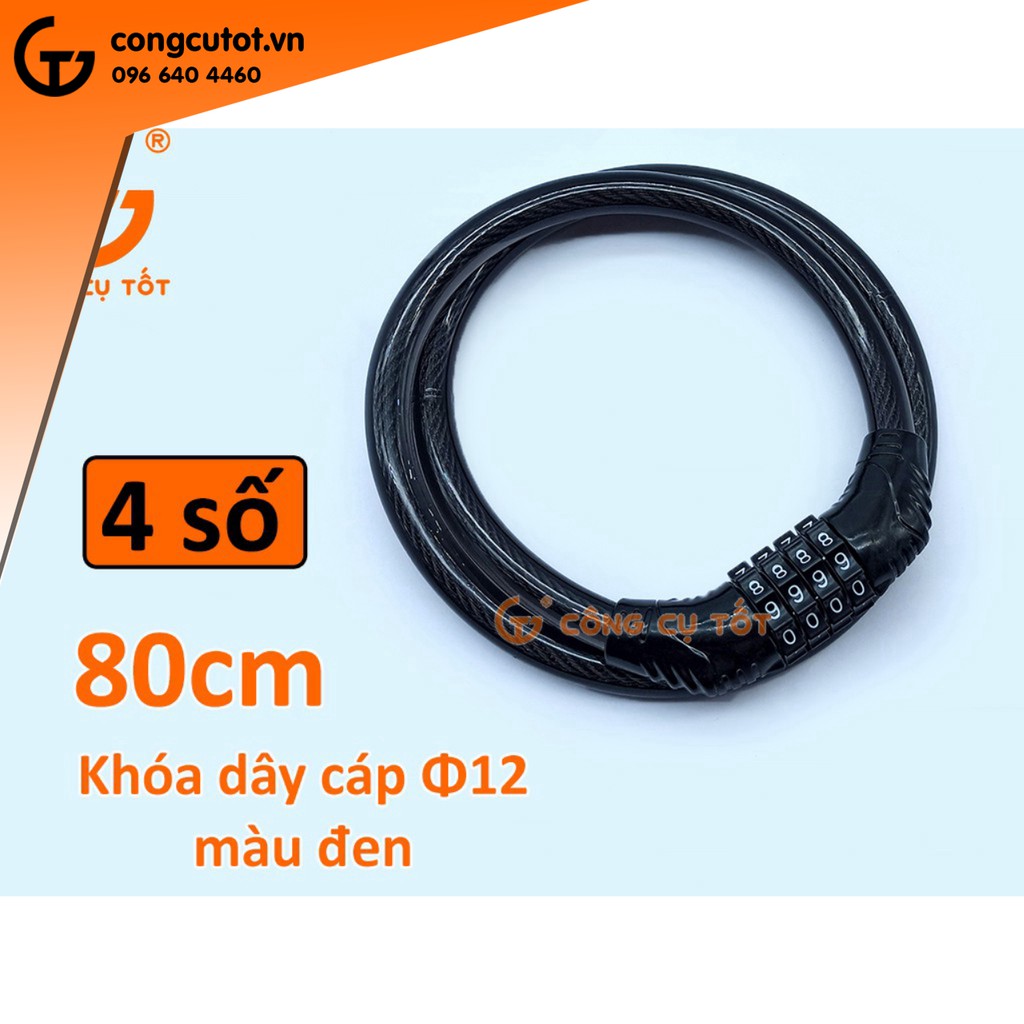 Khóa dây cáp 4 số Φ12mm màu đen