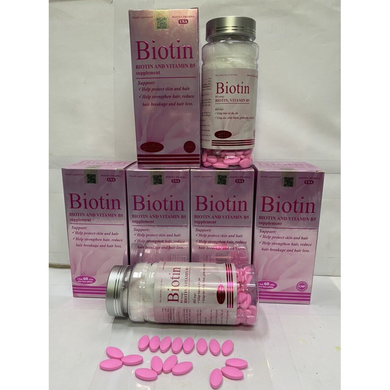Viên uống BIOTIN bổ sung biotin+vitamin B5 giúp giảm rụng tóc, bảo vệ da, chắc móng – Hộp 60 viên