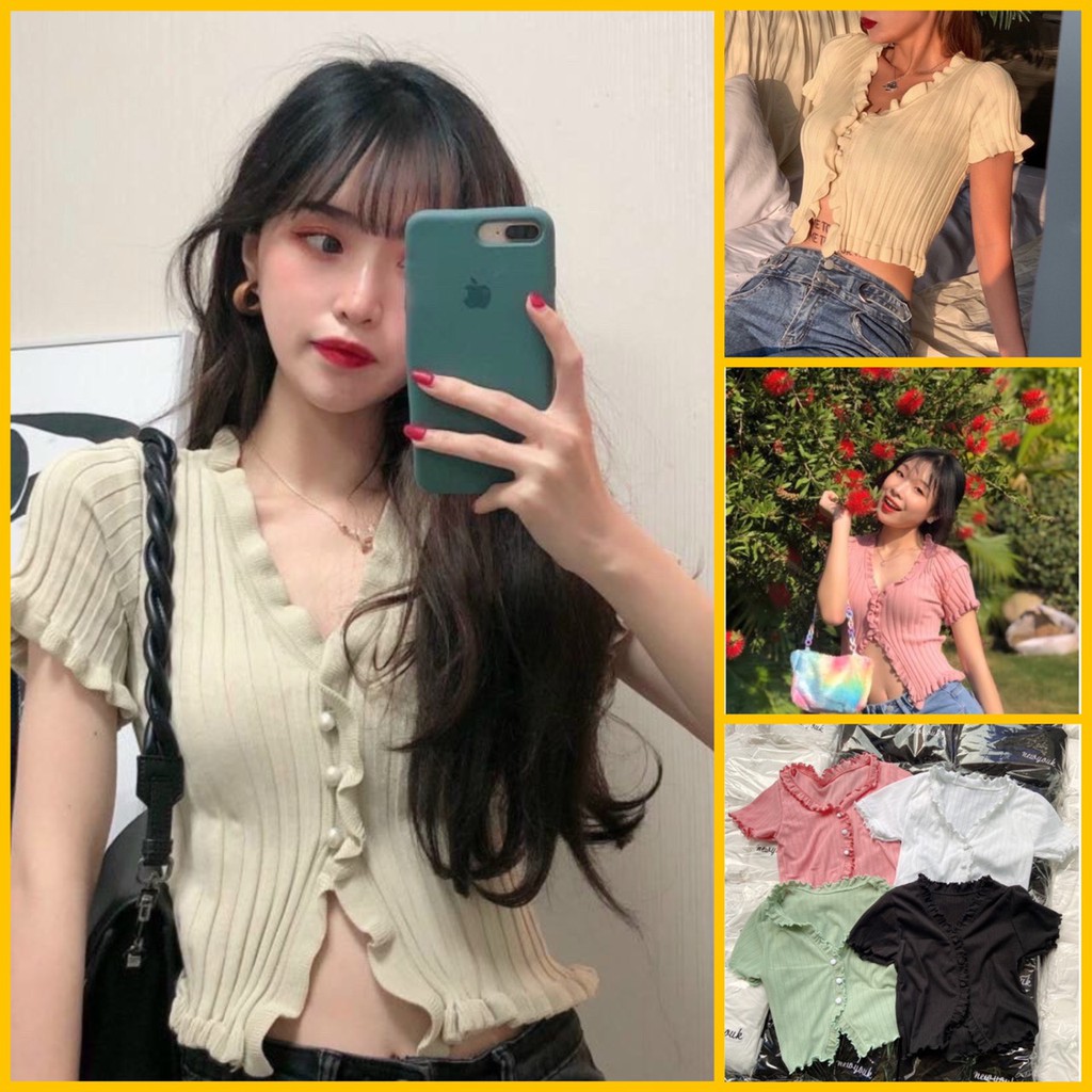 ÁO CROPTOP NỮ GÂN BÈO NÚT BỌC | áo kiểu nữ - áo thun | BigBuy360 - bigbuy360.vn