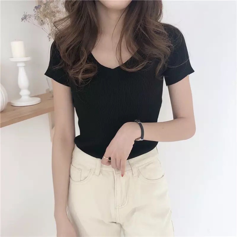 áo thun dệt kim cổ V tay ngắn đơn giản trẻ trung 0100