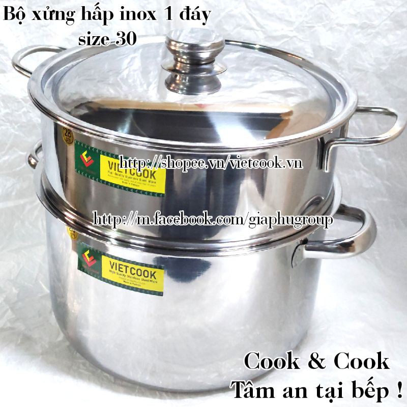 [CHÍNH HÃNG] Bộ xửng hấp inox size 30 Vietcook (nồi 13 lít) đáy từ, Chõ hấp, đồ xôi inox 5 đến 7 kg gạo