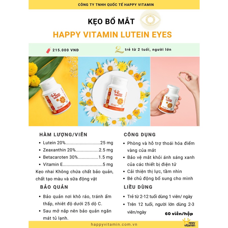 Viên ngậm bổ mắt cải thiện thị lực cho trẻ em và người lớn, giảm nhức mỏi mắt Lutein Eyes - Happy Vitamin
