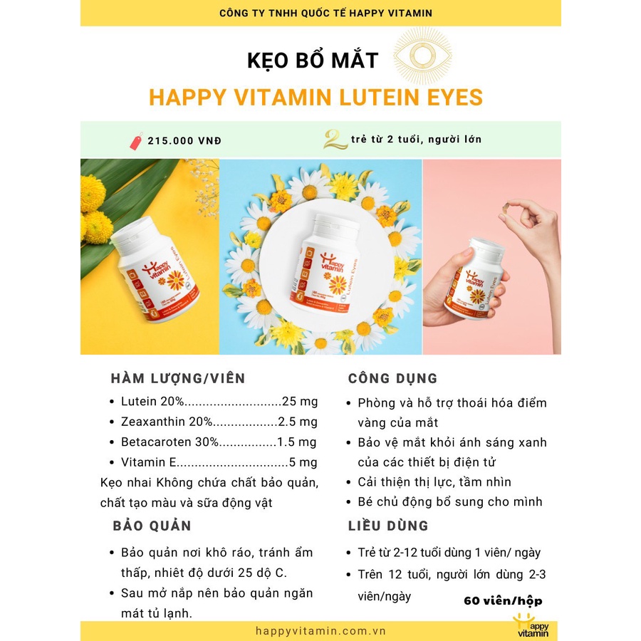 [MUA 1 TẶNG 1] Kẹo bổ mắt Happy Vitamin Lutein Eyes - Bảo vệ mắt khỏi ánh sáng xanh, cải thiện thị lực - Hộp 60 viên