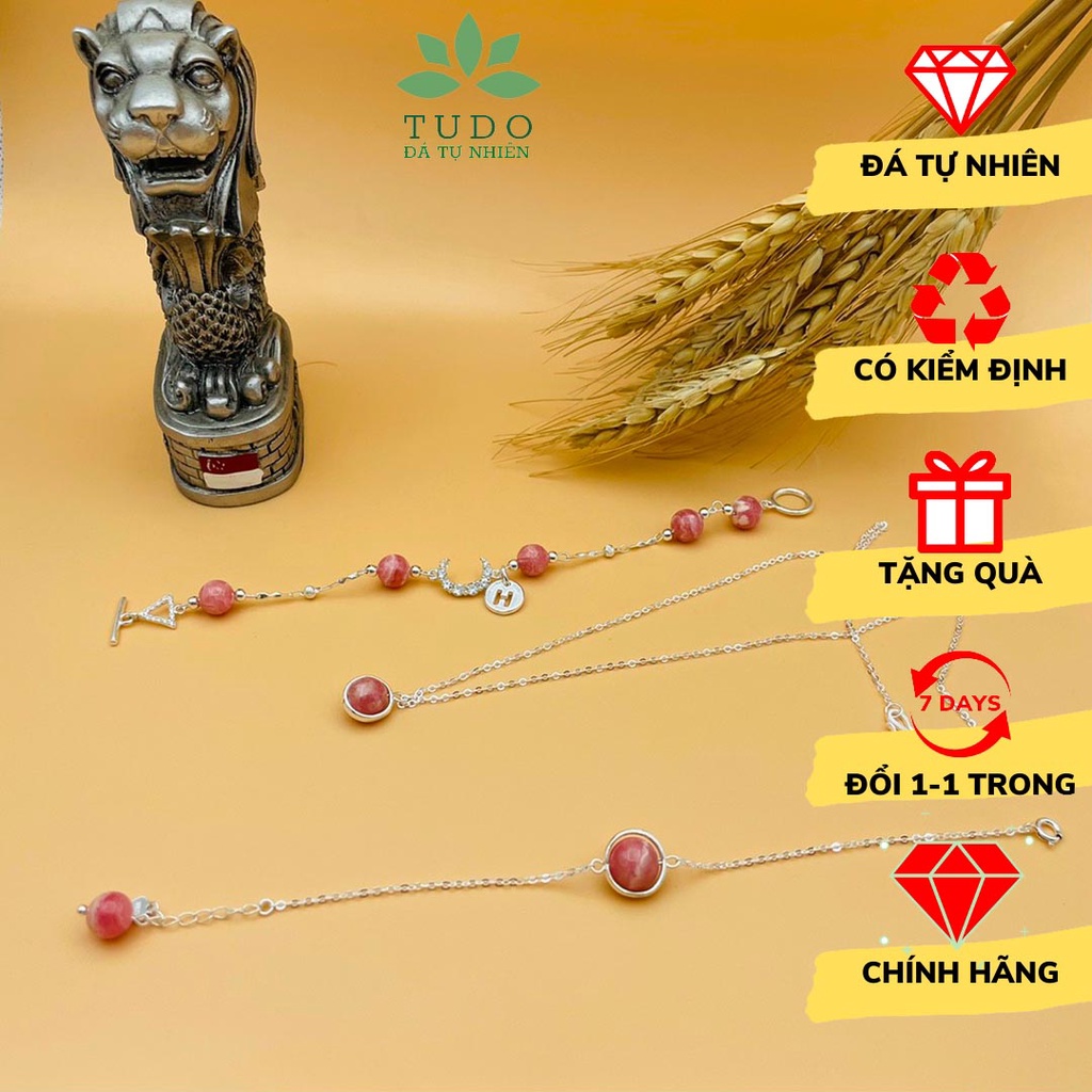 Vòng charm bạc TUDO đào hoa màu hồng 8li - Vòng cổ, vòng tay tam giác, mặt trăng, chữ H, 1 hạt