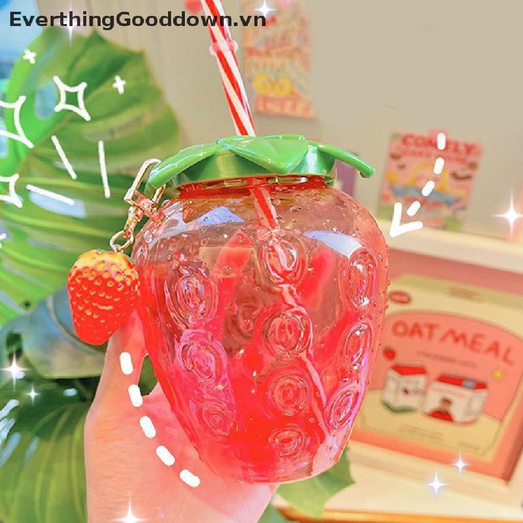 Everthinggooddown Bình Uống Nước 500ml Có Ống Hút Hình Trái Dâu Dễ Thương