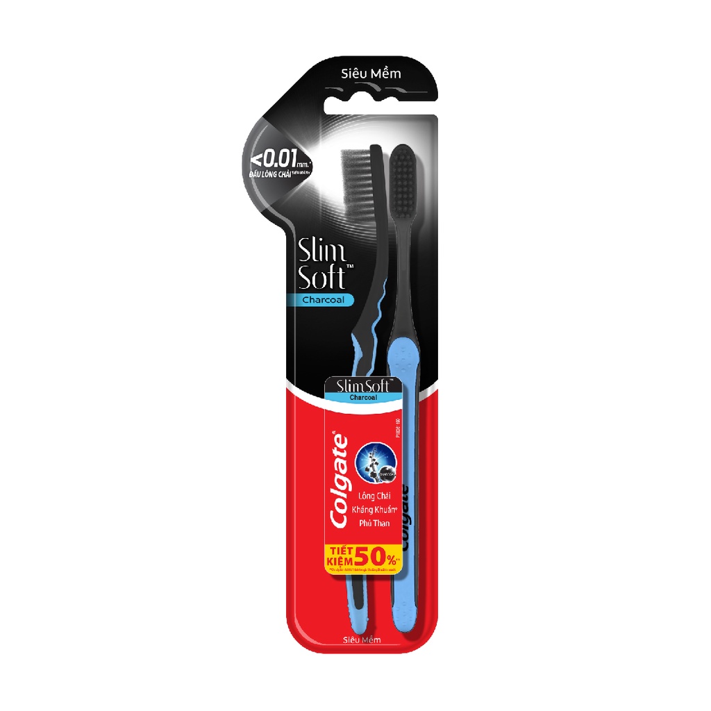 Bộ đôi bàn chải đánh răng Colgate than hoạt tính kháng khuẩn SlimSoft Charcoal mềm mảnh