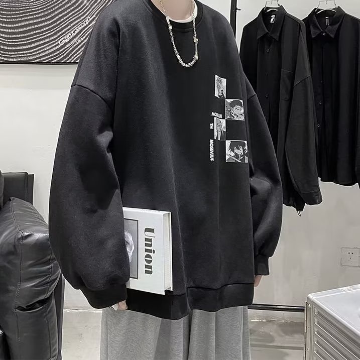 Áo Sweater Tay Dài Dáng Rộng In Hình Anime Màu Trắng Đen Thời Trang Mùa Thu Cho Nam Và Nữ