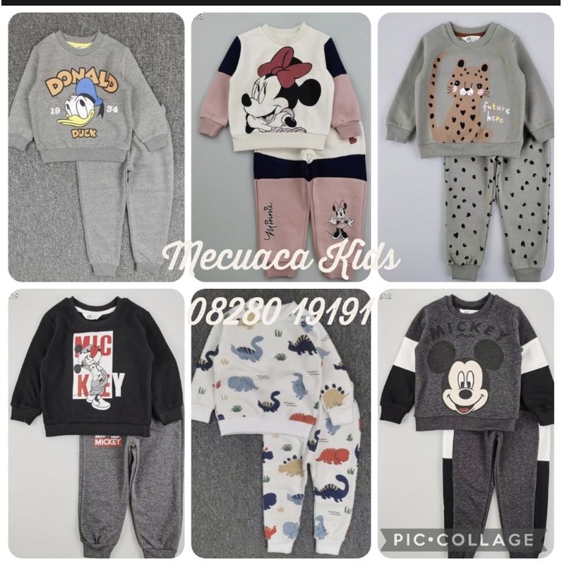 Bộ dài tay nỉ bông Mickey/Donal/Khủng long/Trái tim cho bé trai bé gái tqxk