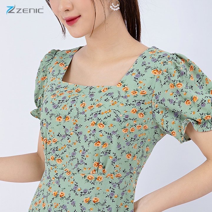 Đầm liền nữ Viscose hoa nhí tay ngắn bồng cổ vuông xẻ tà – ZENIC