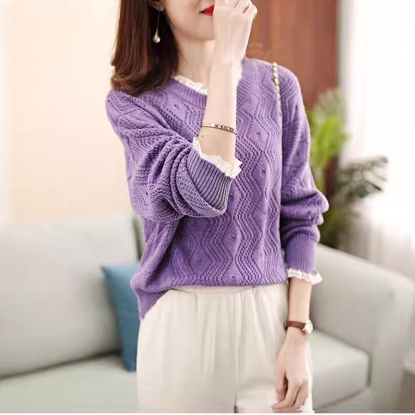 Áo len nữ phom dáng rộng chất dày cổ tròn pha ren chui đầu phong cách Hàn